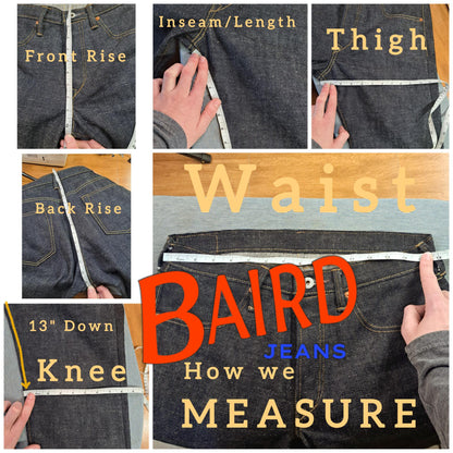 Lot E • Custom Order Baird Jeans Mens Selvedge 14.5oz Raw Heavyweight Slubby Thai Redline Denim Double Knee/Classic Made in Illinois, USA
