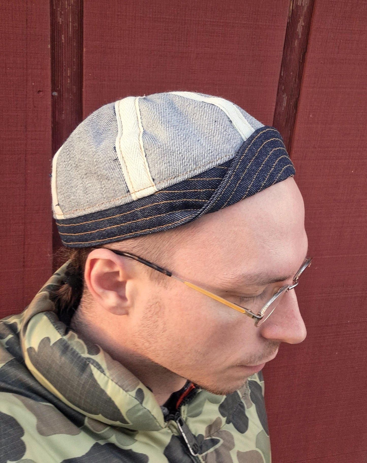 Baird Jeans Inside-Out Denim Hat Welding Cap Blue Raw Denim Fitted Military Mechanic Engineer